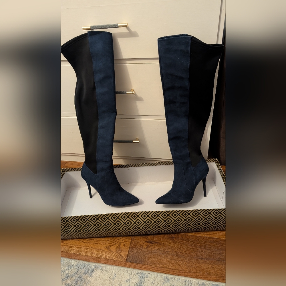 Elegant Blue and Black Women's Knee-High Boots